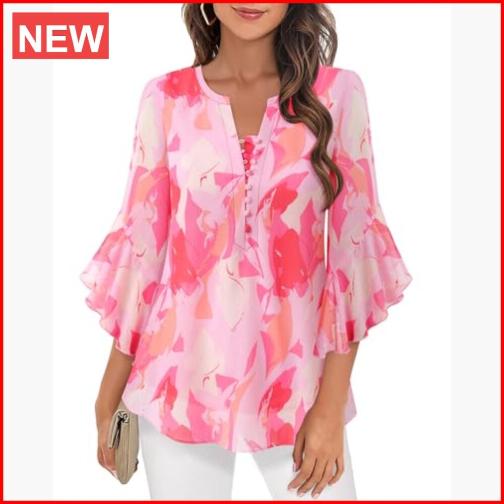 Polyester 3/4 Sleeve Button Down Blouse with V-Ne… - image 3